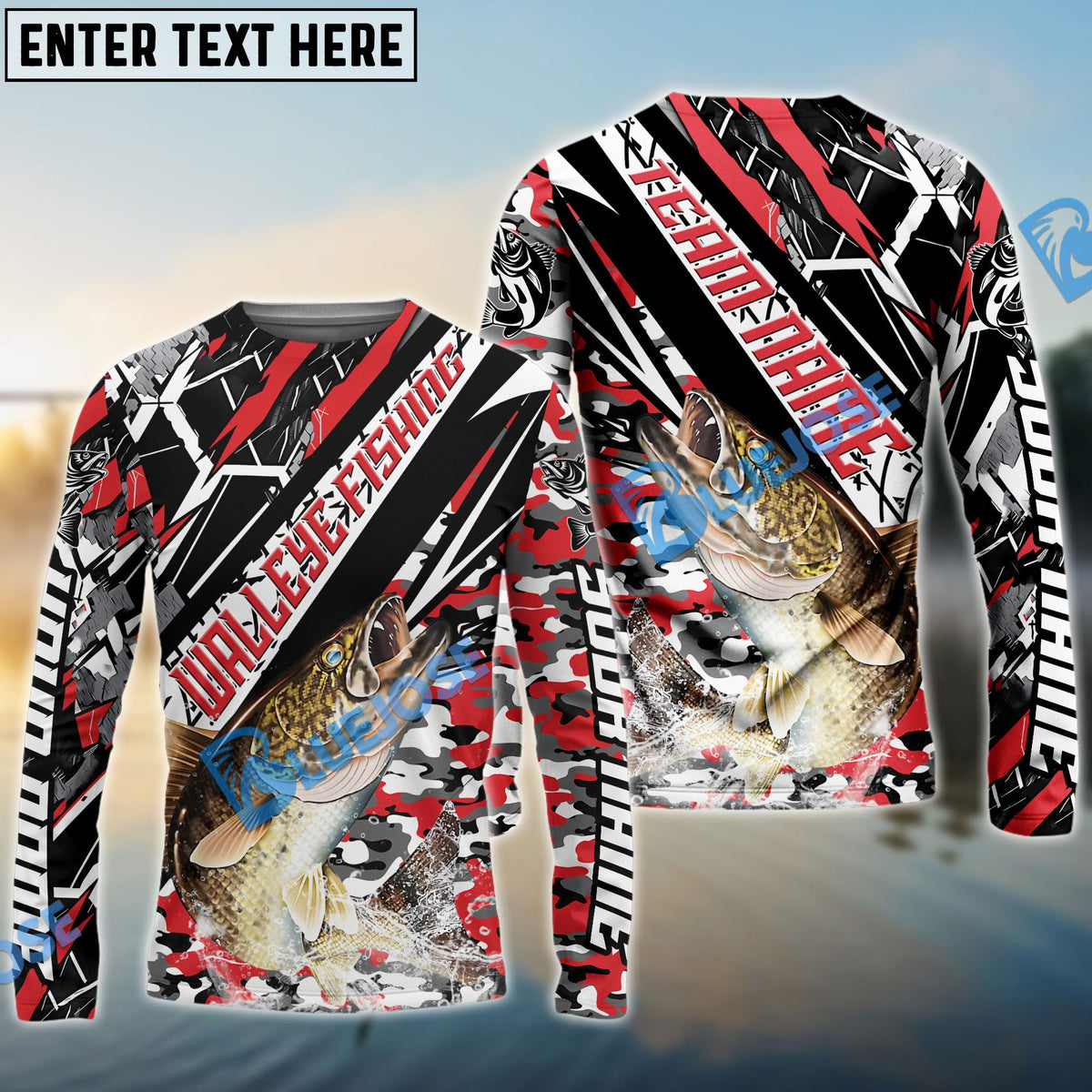 Bluejose Walleye Fishing Red Grunge Camo Custom Name &amp; Team Name 3D Shirts