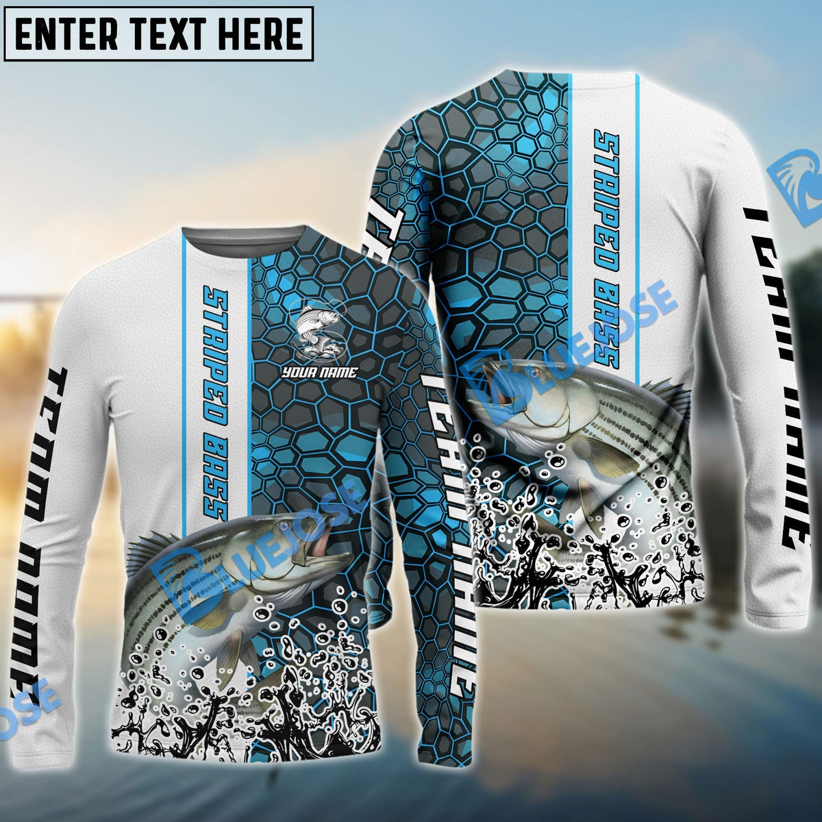 Bluejose Striped Bass Fishing Blue Fin Bling Camo Sport Custom Name &amp; Team Name 3D Shirts