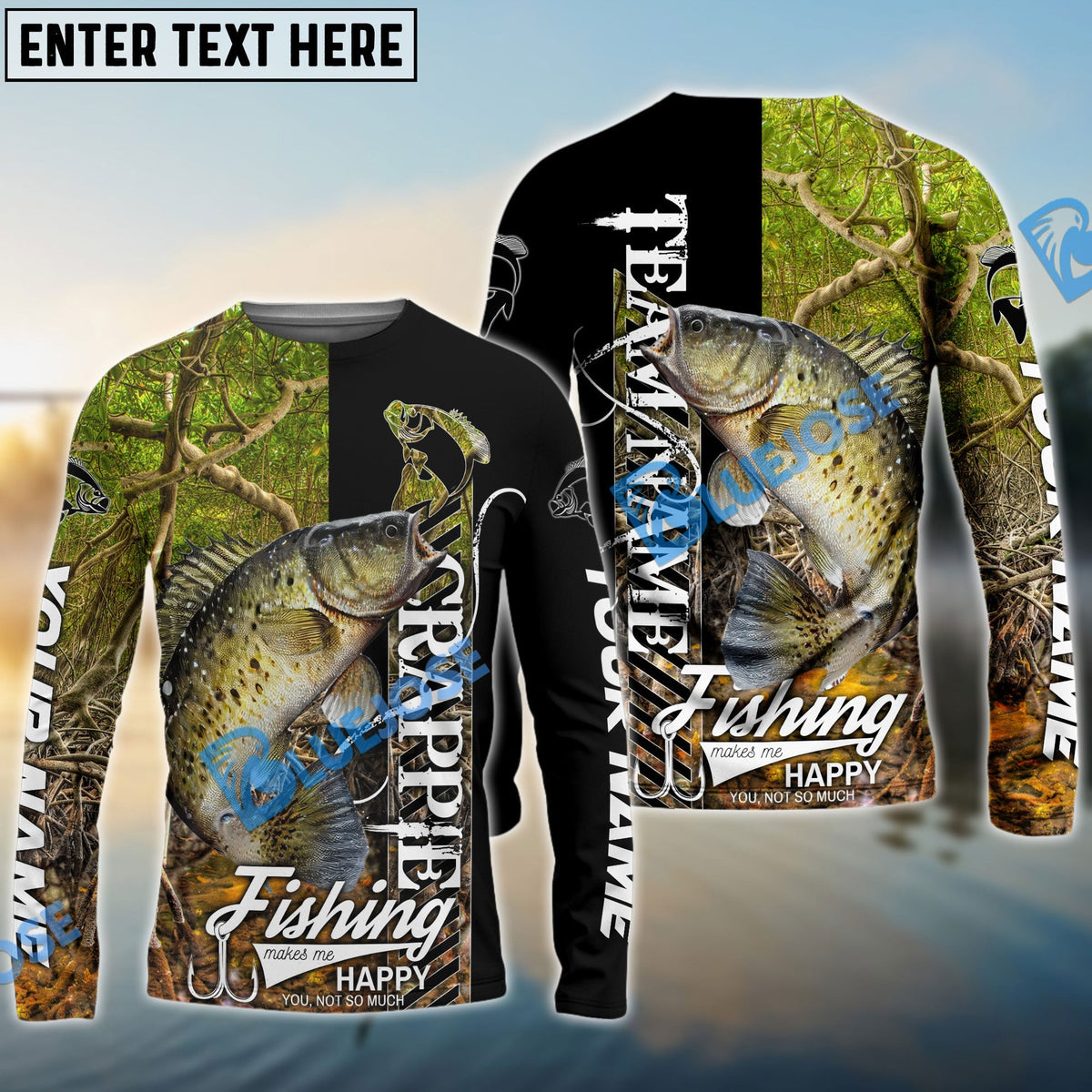 Bluejose Crappie Fishing Jungle Camo Custom Name &amp; Team Name 3D Shirts