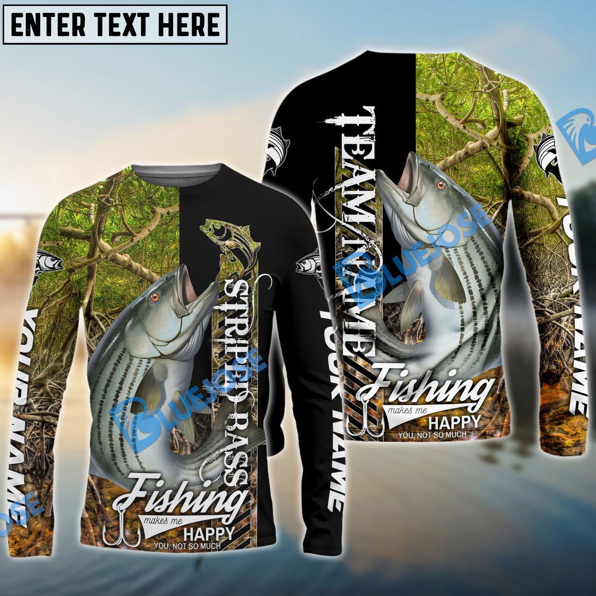 Bluejose Striped Bass Fishing Jungle Camo Custom Name &amp; Team Name 3D Shirts