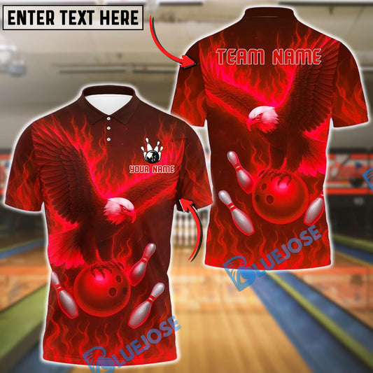 BlueJose Bowling And Pins Flame Eagle Design Customized Name, Team Name 3D Shirt (4 Colors)