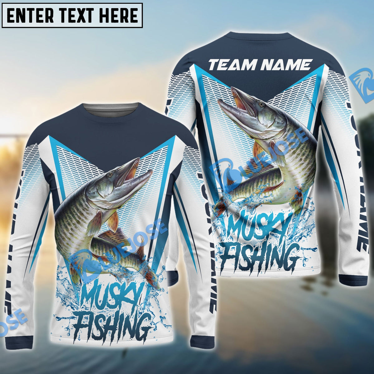 Bluejose Musky Fishing White Blue Camo Sport Custom Name &amp; Team Name 3D Shirts