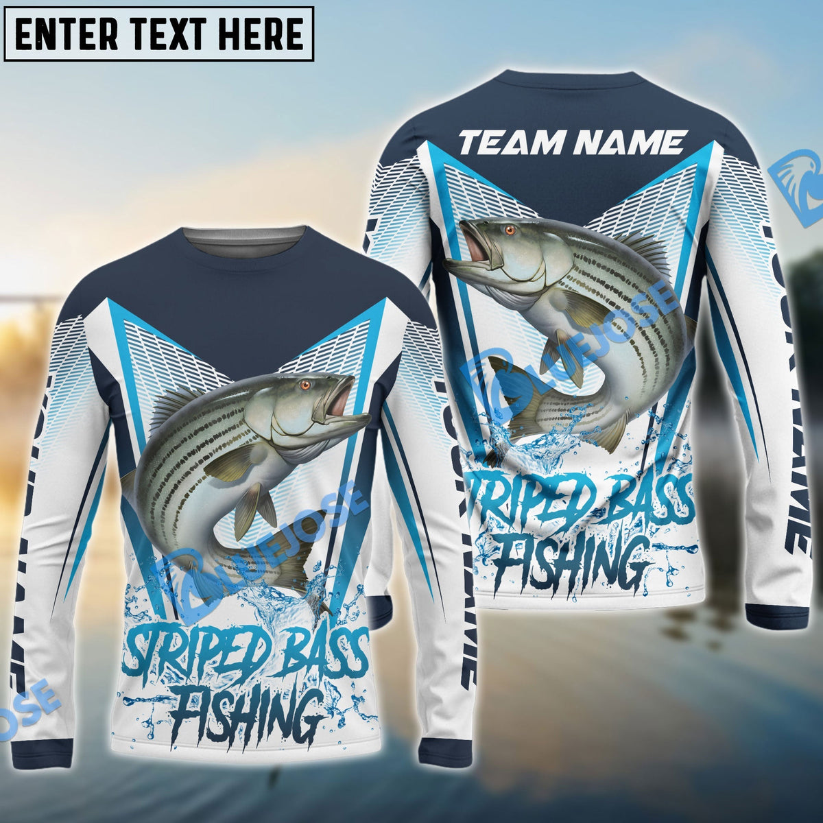 Bluejose Striped Bass Fishing White Blue Camo Sport Custom Name &amp; Team Name 3D Shirts