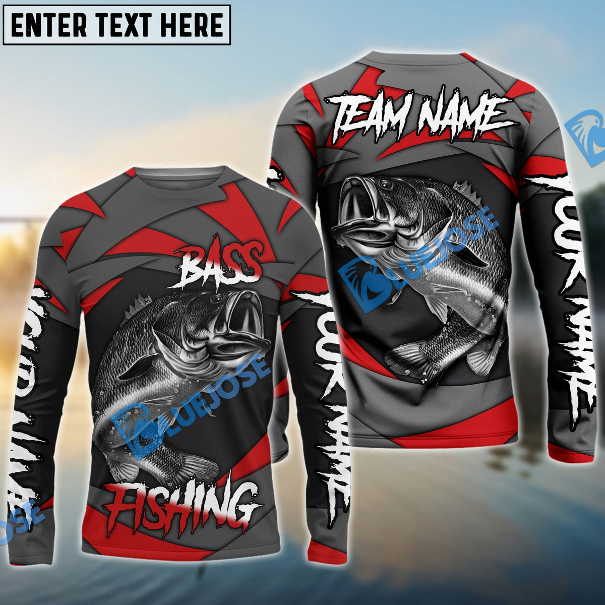 Bluejose Bass Fishing Red Gray Spinning Pattern Custom Name &amp; Team Name 3D Shirts