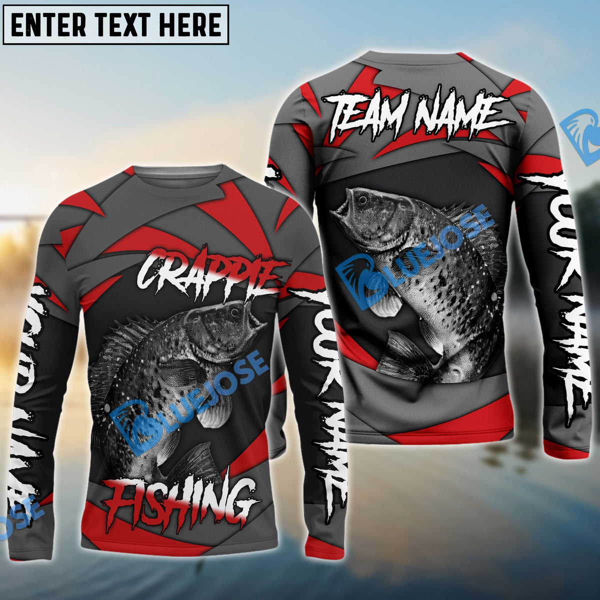 Bluejose Crappie Fishing Red Gray Spinning Pattern Custom Name &amp; Team Name 3D Shirts