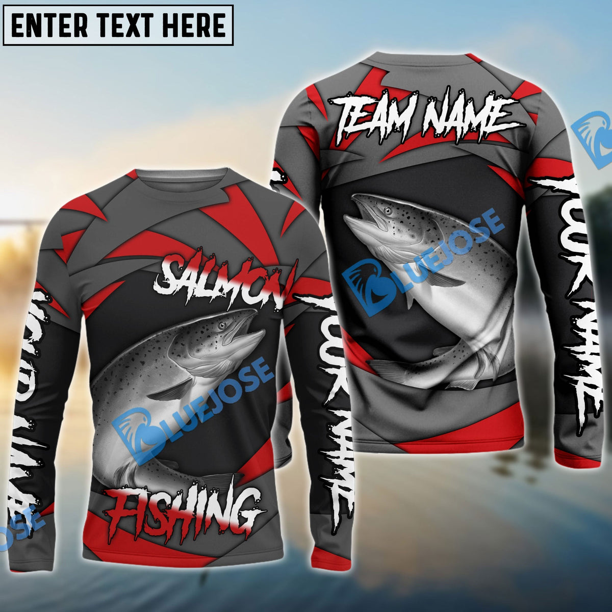 Bluejose Salmon Fishing Red Gray Spinning Pattern Custom Name &amp; Team Name 3D Shirts