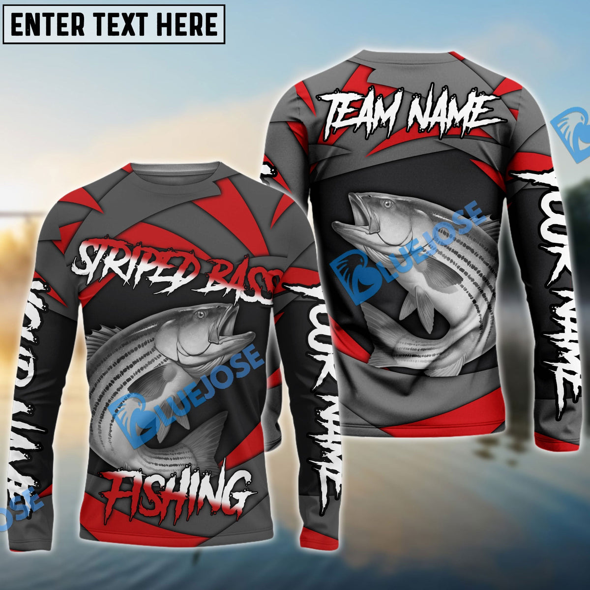 Bluejose Striped Bass Fishing Red Gray Spinning Pattern Custom Name &amp; Team Name 3D Shirts