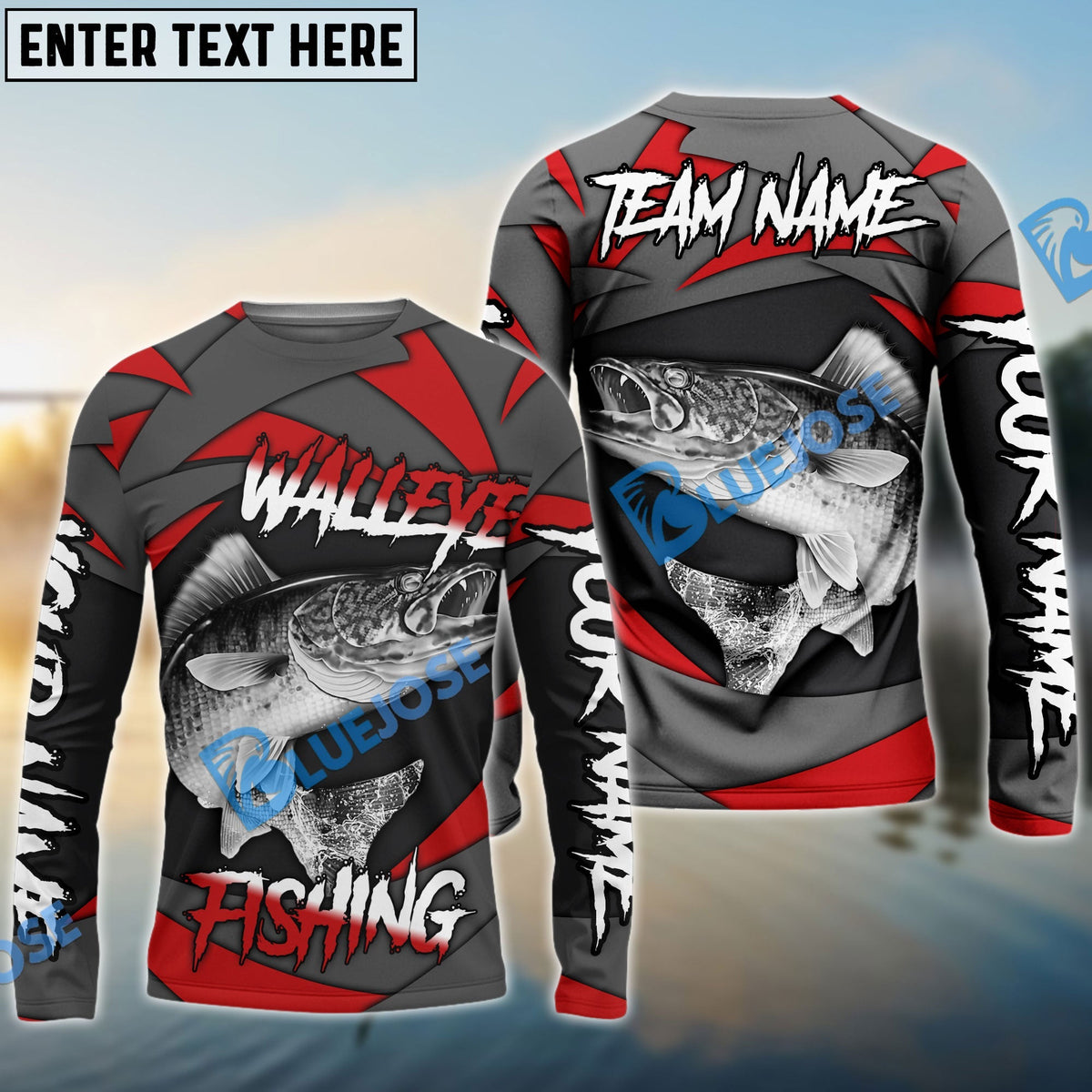 Bluejose Walleye Fishing Red Gray Spinning Pattern Custom Name &amp; Team Name 3D Shirts