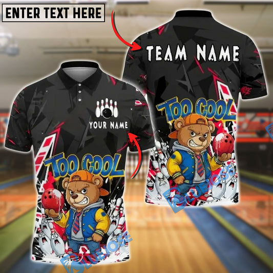 BlueJose Bowling And Pins Too Cool Bear Cartoon Graffiti Customized Name, Team Name 3D Shirt (4 Colors)