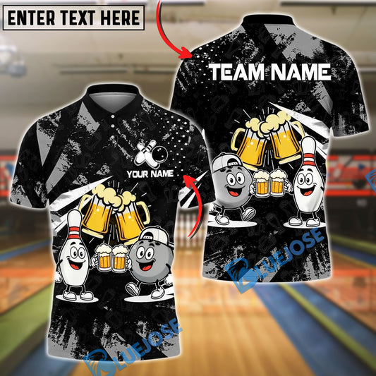 BlueJose Bowling And Pins Funny Beer & Bowling Pins Cartoon Design Customized Name, Team Name 3D Shirt (6 Colors)