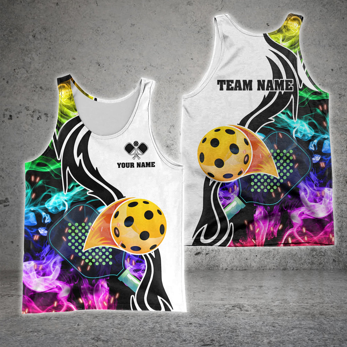 BlueJose Pickleball Rainbow Smoke Personalized Name, Team Name Unisex Shirt