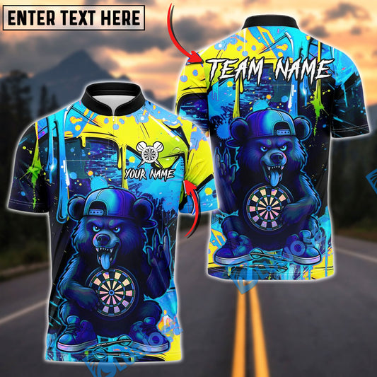 BlueJose Darts Cartoon Bear Graffiti Design Customized Name, Team Name 3D Shirt (4 Colors)