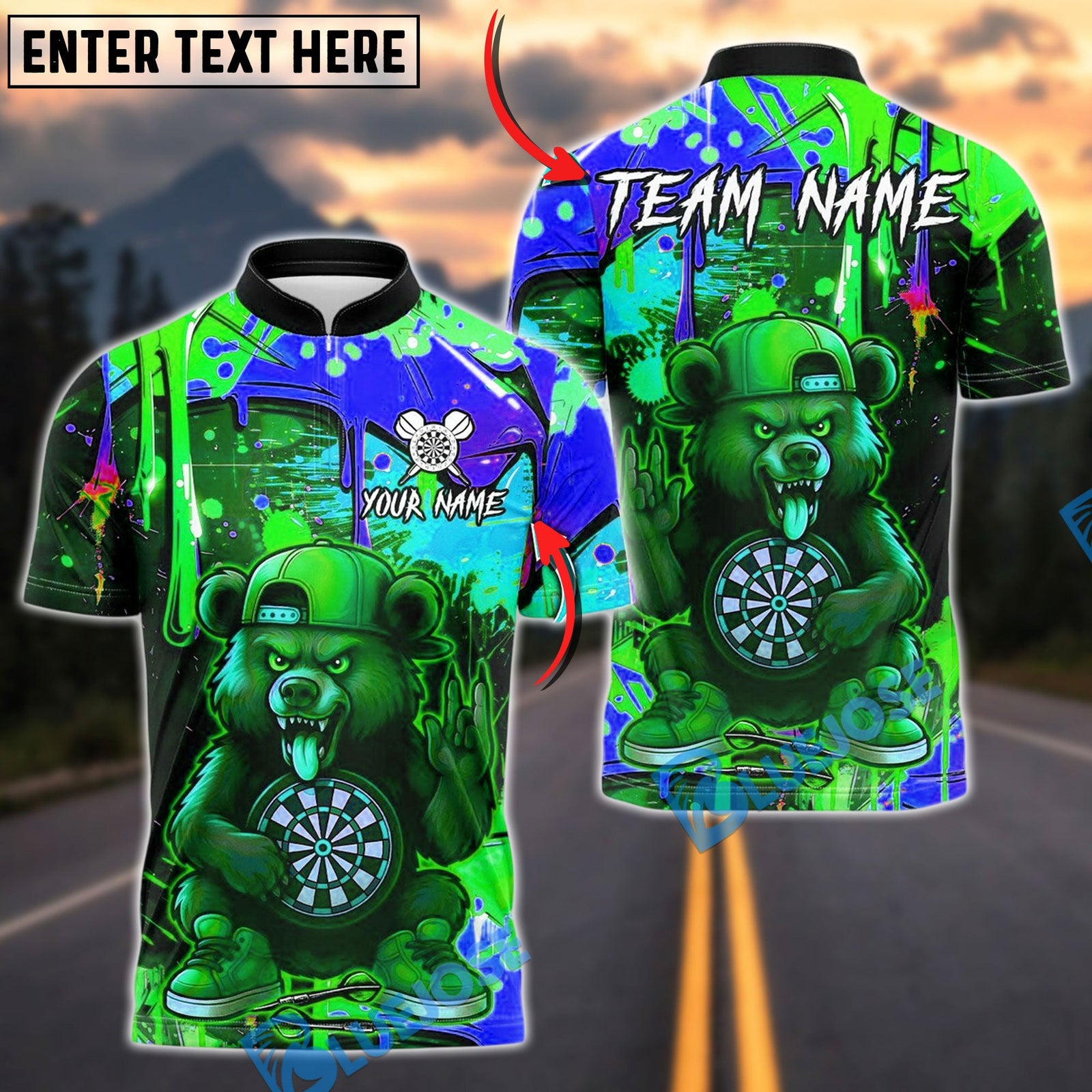 BlueJose Darts Cartoon Bear Graffiti Design Customized Name, Team Name 3D Shirt (4 Colors)