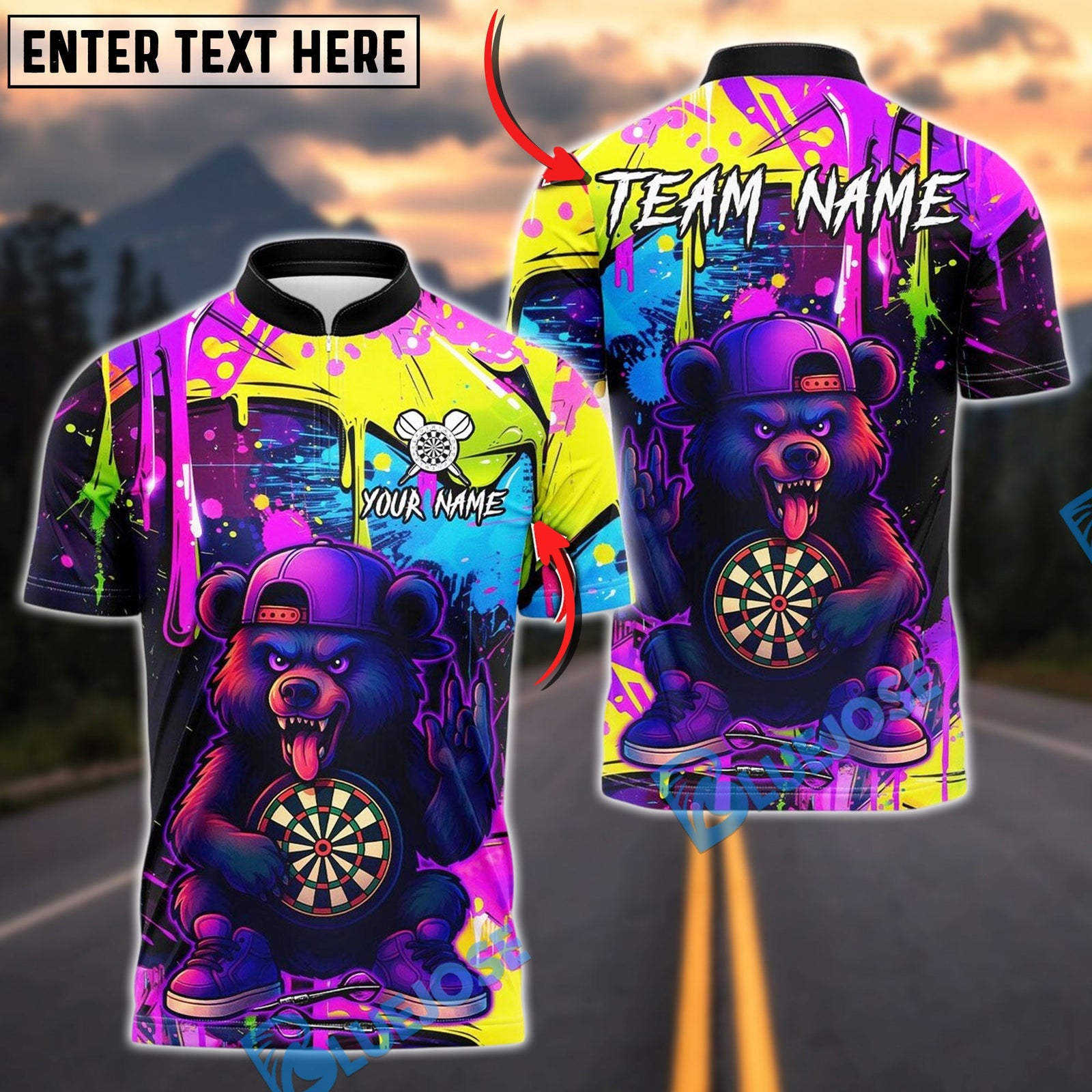 BlueJose Darts Cartoon Bear Graffiti Design Customized Name, Team Name 3D Shirt (4 Colors)