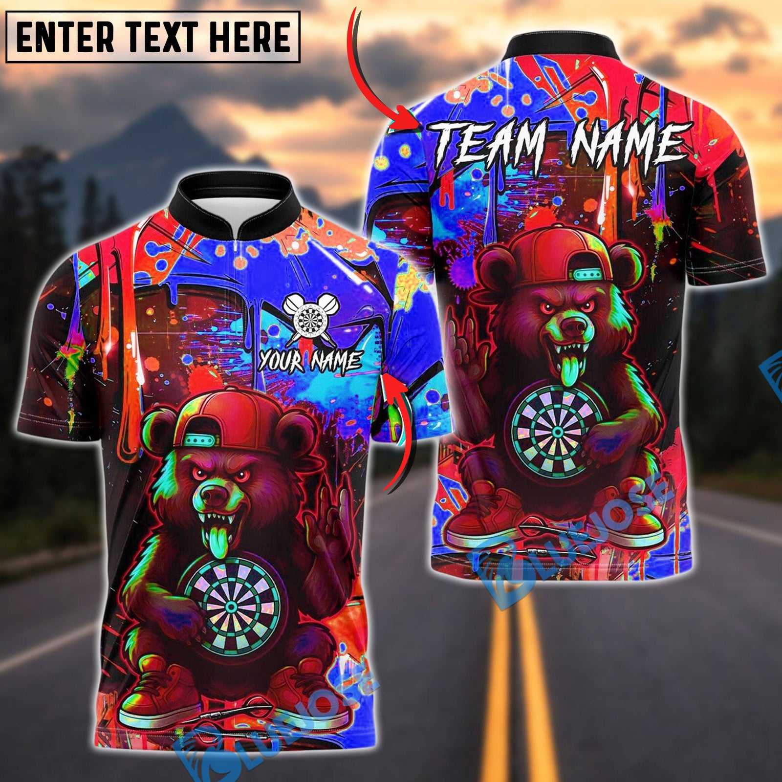 BlueJose Darts Cartoon Bear Graffiti Design Customized Name, Team Name 3D Shirt (4 Colors)