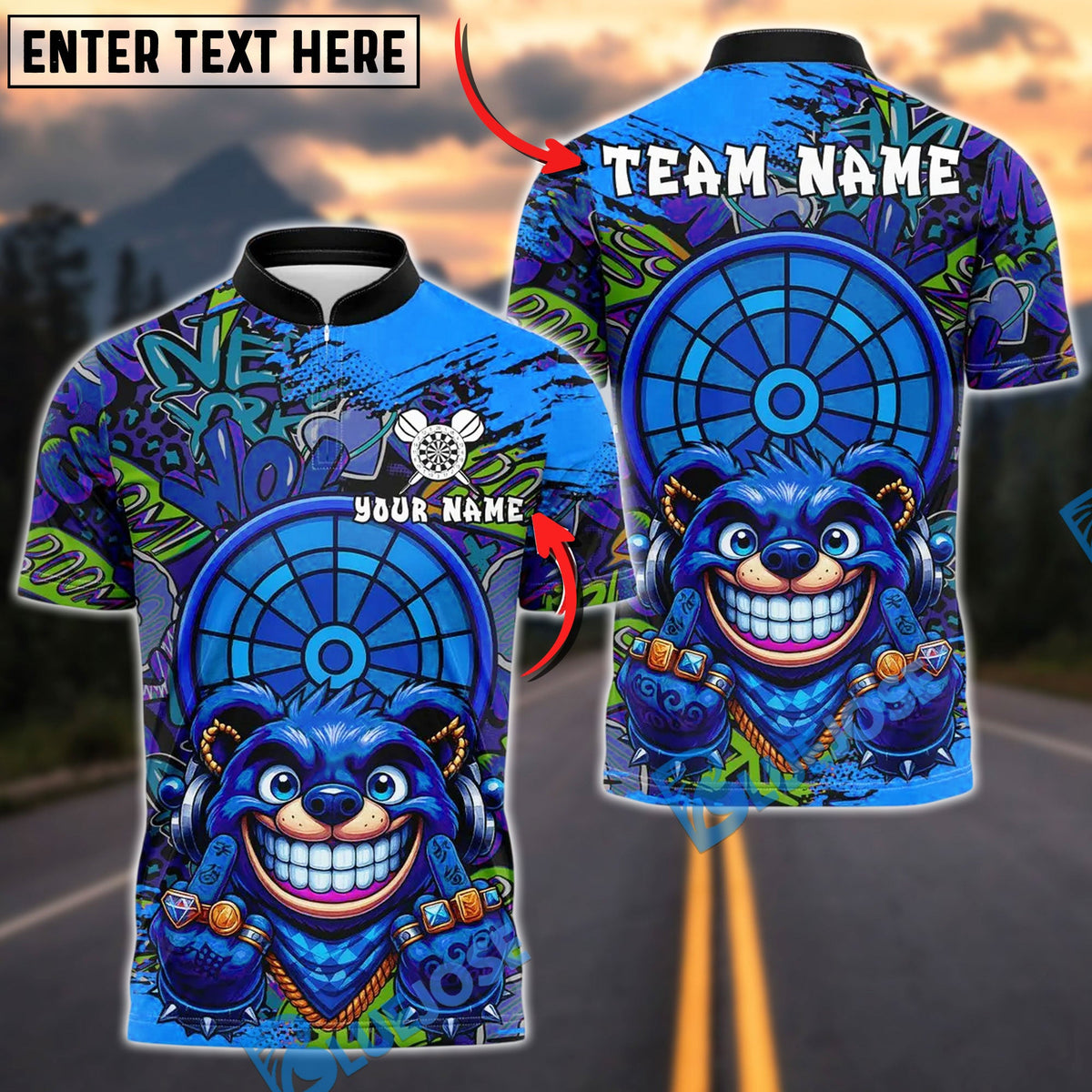 BlueJose Darts Gangster Bear Design Customized Name, Team Name 3D Shirt (4 Colors)