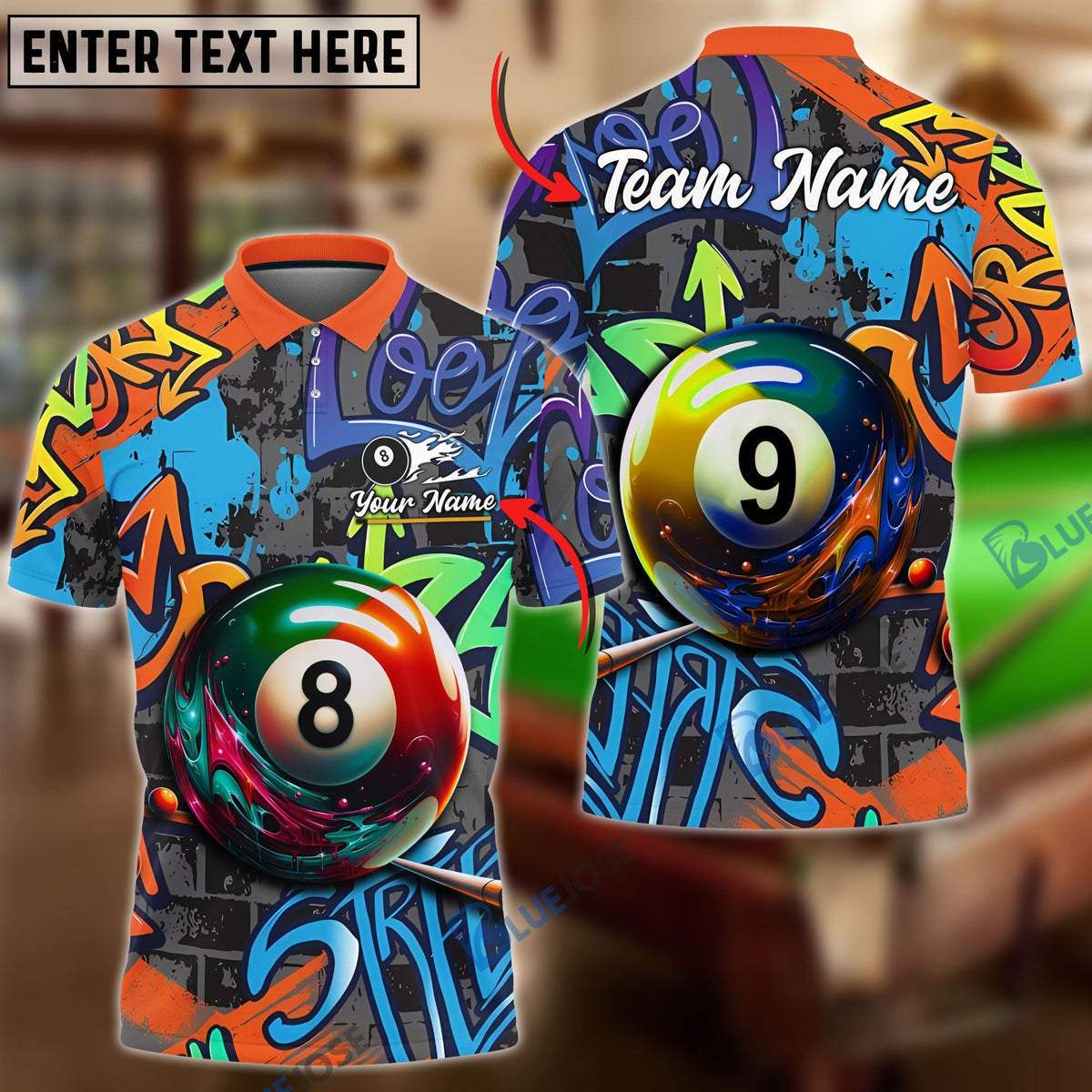BlueJose Billiards Ball 8 &amp; Ball 9 Graffiti Street Personalized Name Shirt