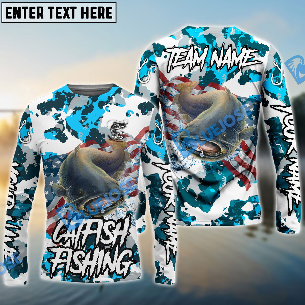 Bluejose Catfish Fishing American Flag Light Blue Camo Custom Name &amp; Team Name 3D Shirts