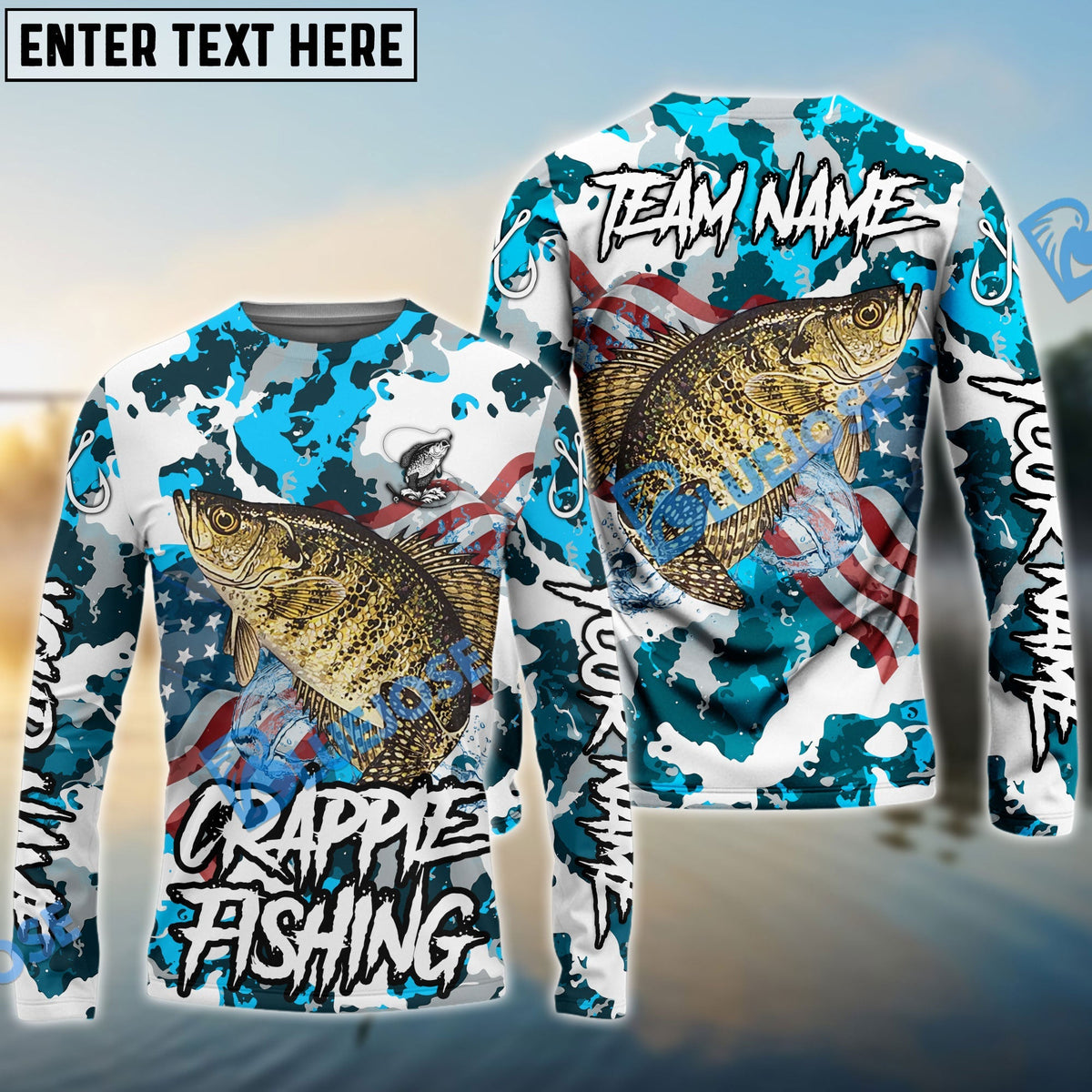Bluejose Crappie Fishing American Flag Light Blue Camo Custom Name &amp; Team Name 3D Shirts