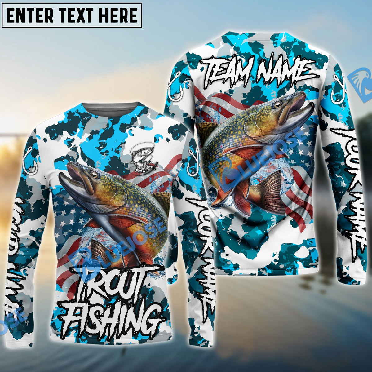 Bluejose Trout Fishing American Flag Light Blue Camo Custom Name &amp; Team Name 3D Shirts