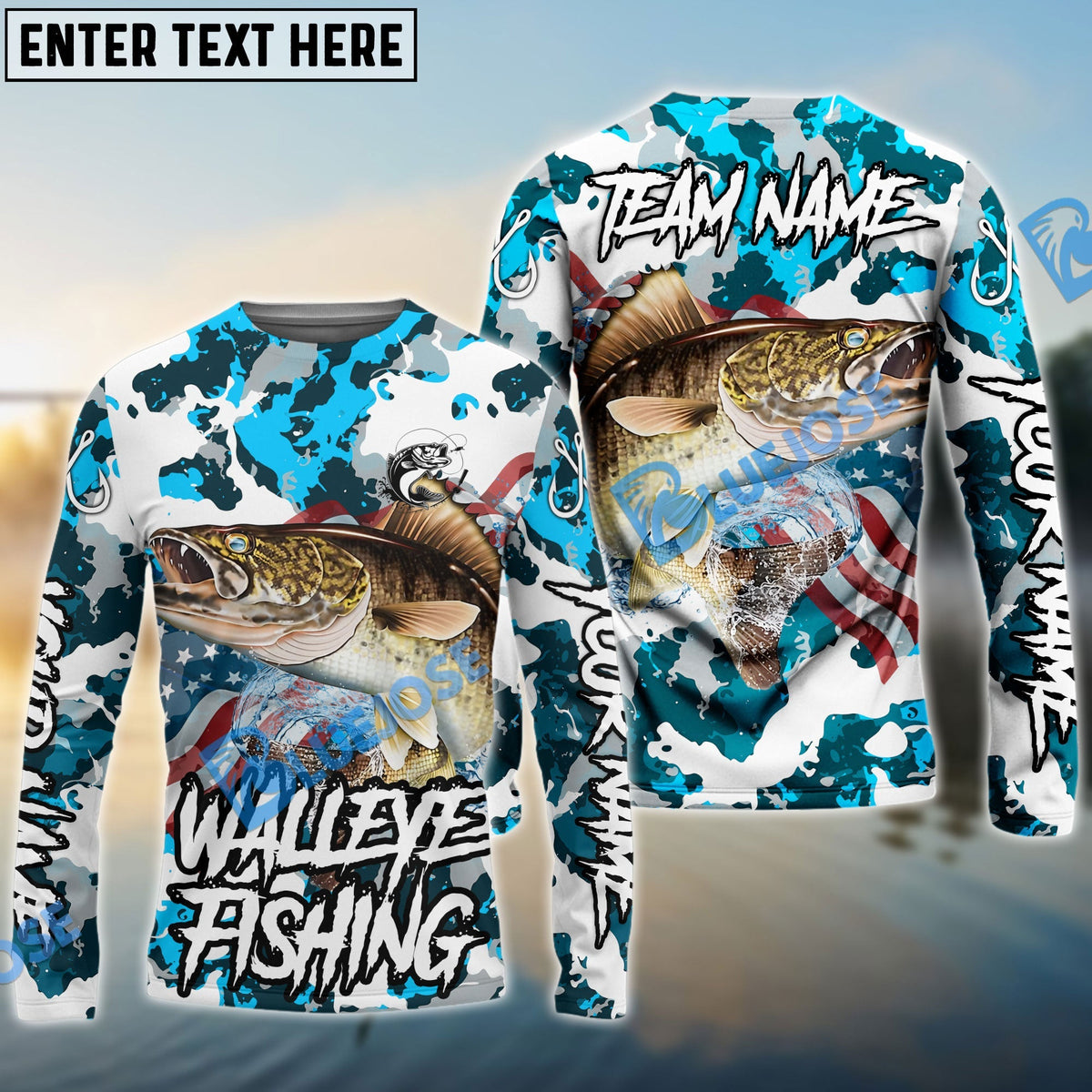 Bluejose Walleye Fishing American Flag Light Blue Camo Custom Name &amp; Team Name 3D Shirts
