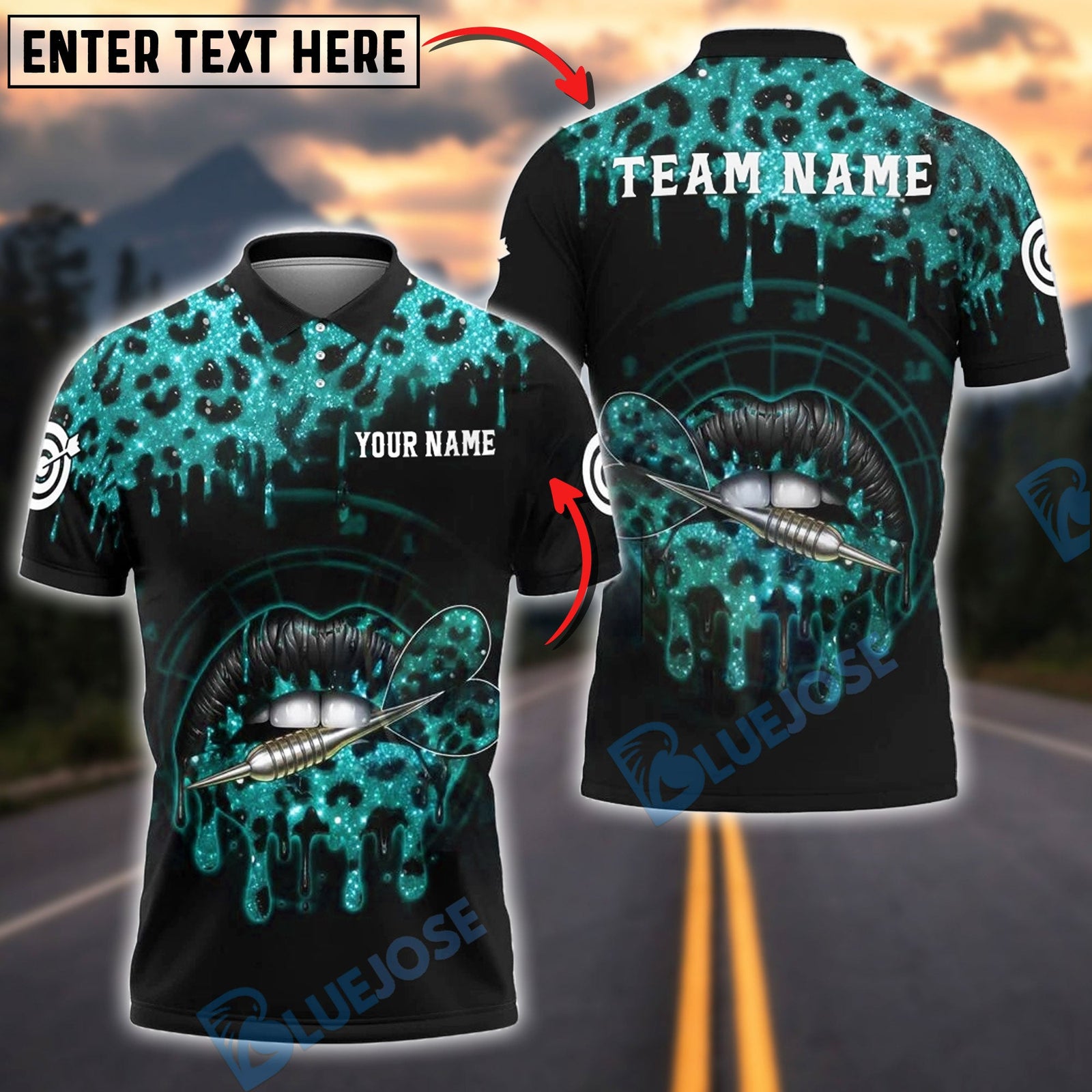 BlueJose Darts Leopard Lips Dartboard Personalized Name, Team Name Shirt (6 Colors)