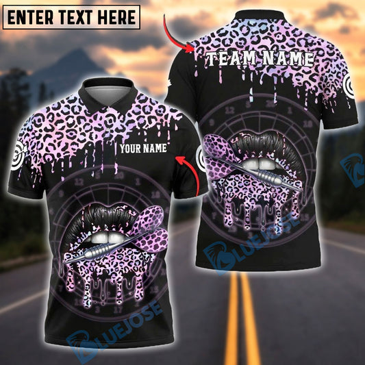 BlueJose Darts Leopard Lips Dartboard Personalized Name, Team Name Shirt (6 Colors)