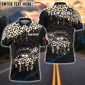 BlueJose Darts Leopard Lips Dartboard Personalized Name, Team Name Shirt (6 Colors)
