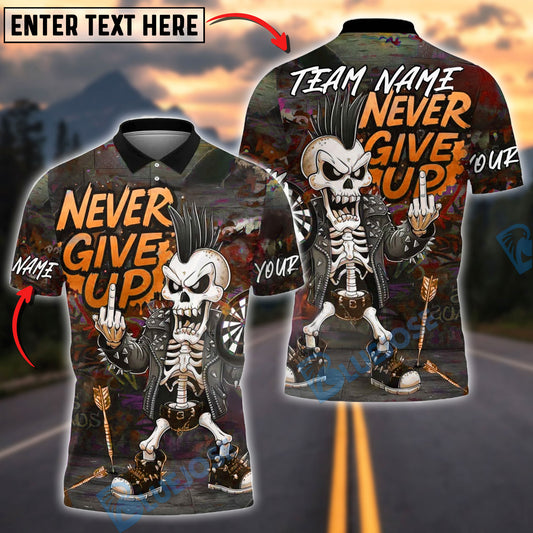 BlueJose Darts Never Give Up Punk Skeleton Customized Name, Team Name 3D Shirt (4 Colors)