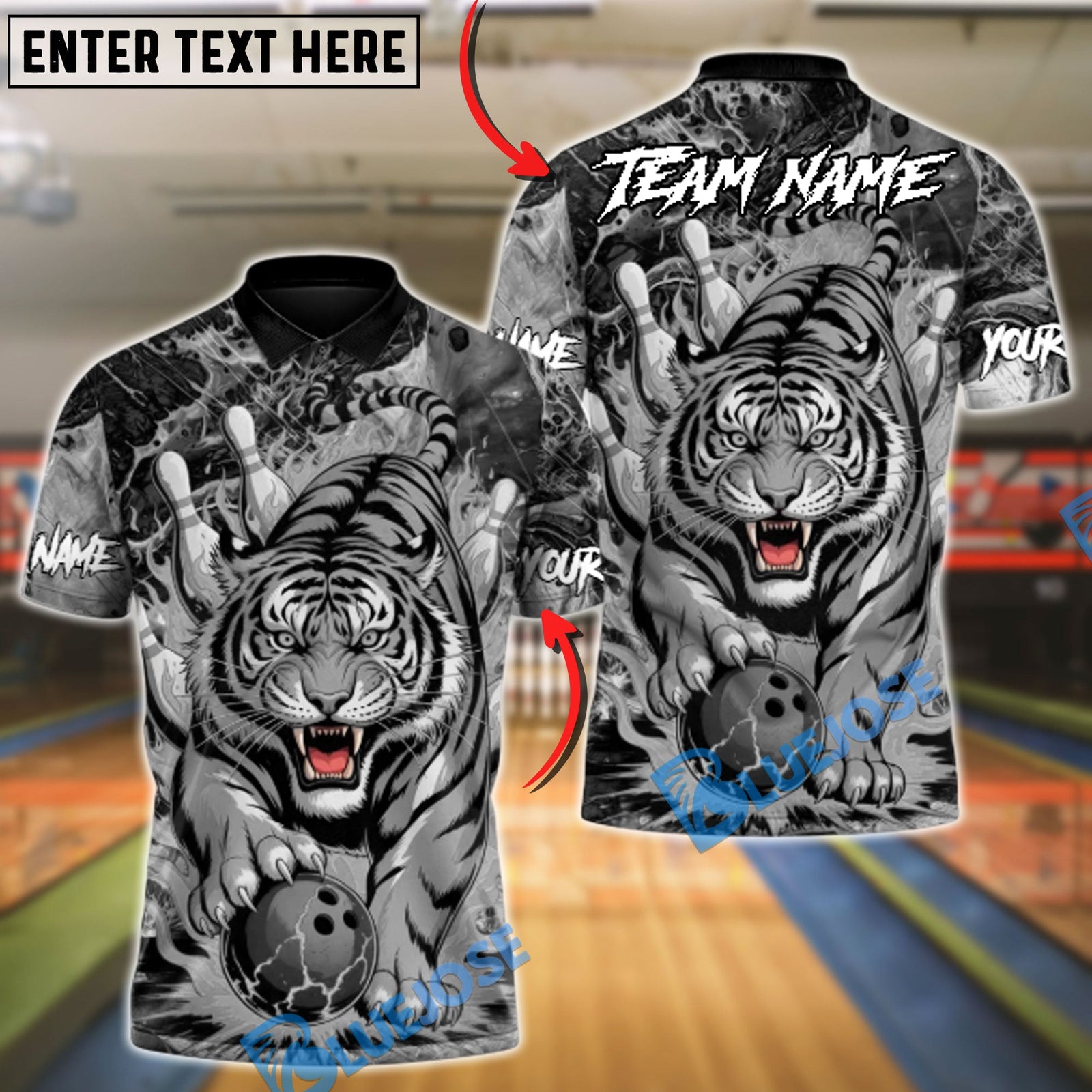 BlueJose Bowling And Pins Blaze Tiger Customized Name, Team Name 3D Shirt (6 Colors)