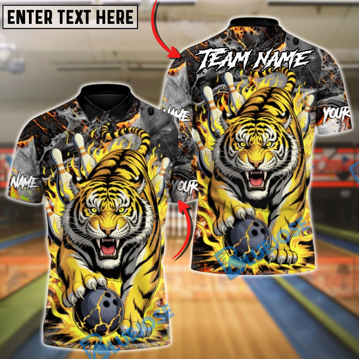 BlueJose Bowling And Pins Blaze Tiger Customized Name, Team Name 3D Shirt (6 Colors)