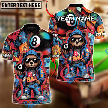 BlueJose Billiards 8 Ball Graffiti Cue Bear Personalized Name, Team Name Unisex Shirt (4 Colors)