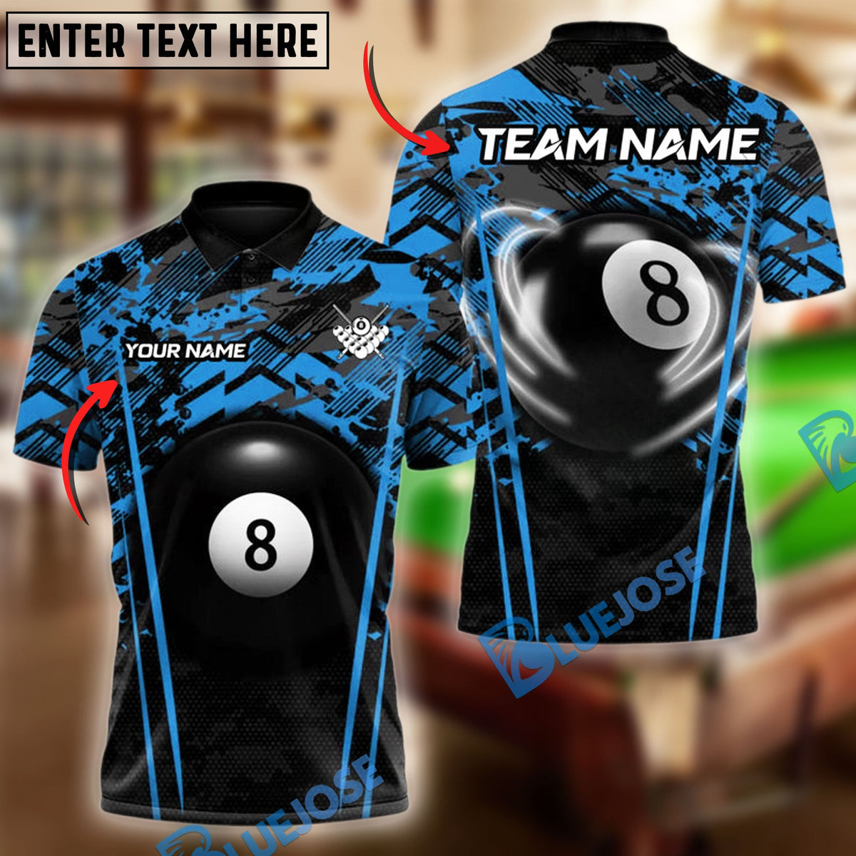 BlueJose Billiards Ball 8 Crimson Cue Clash Personalized Name & Team Name Shirt (4 Colors)