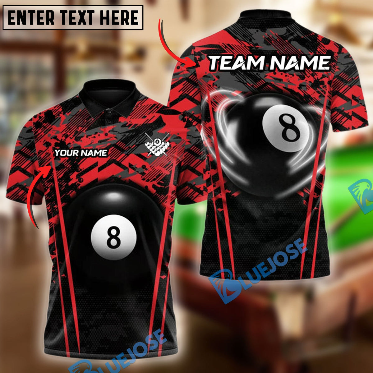 BlueJose Billiards Ball 8 Crimson Cue Clash Personalized Name &amp; Team Name Shirt (4 Colors)
