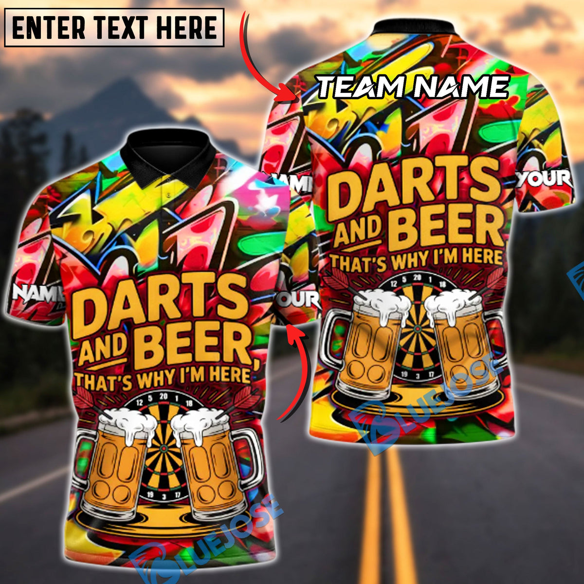 BlueJose Darts Graffiti Beer &amp; Bullseye Customized Name, Team Name 3D Shirt (4 Colors)