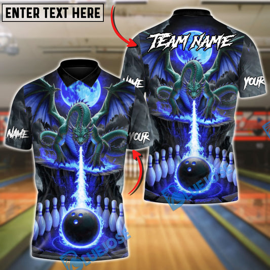 BlueJose Bowling And Pins Dragon Fire Customized Name, Team Name 3D Shirt (4 Colors)