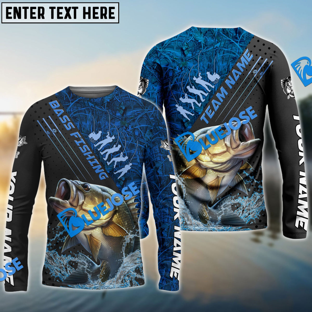 Bluejose Bass Fishing Blue Camo Sport Rod Custom Name &amp; Team Name 3D Shirts