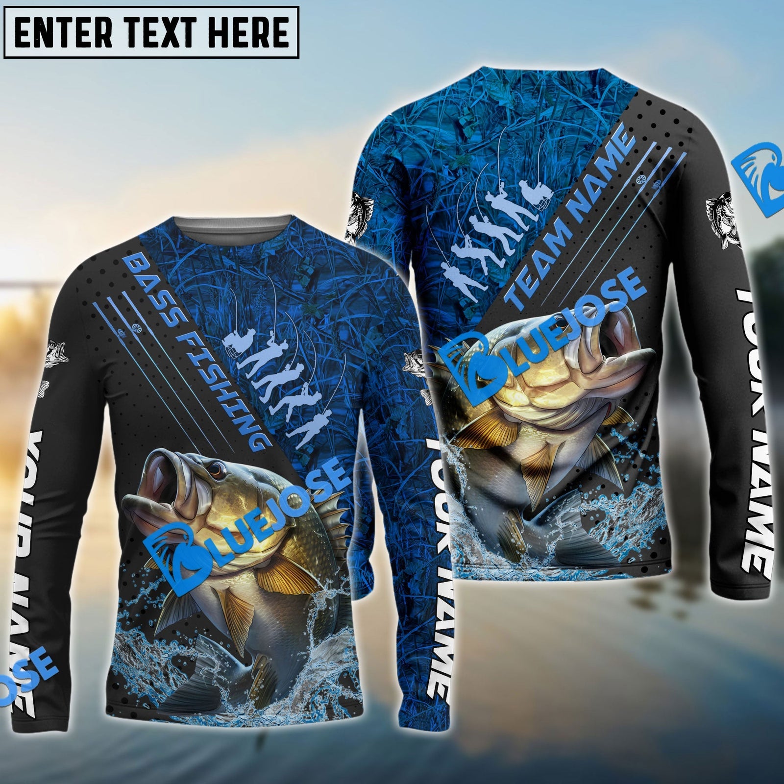 Bluejose Bass Fishing Blue Camo Sport Rod Custom Name & Team Name 3D Shirts