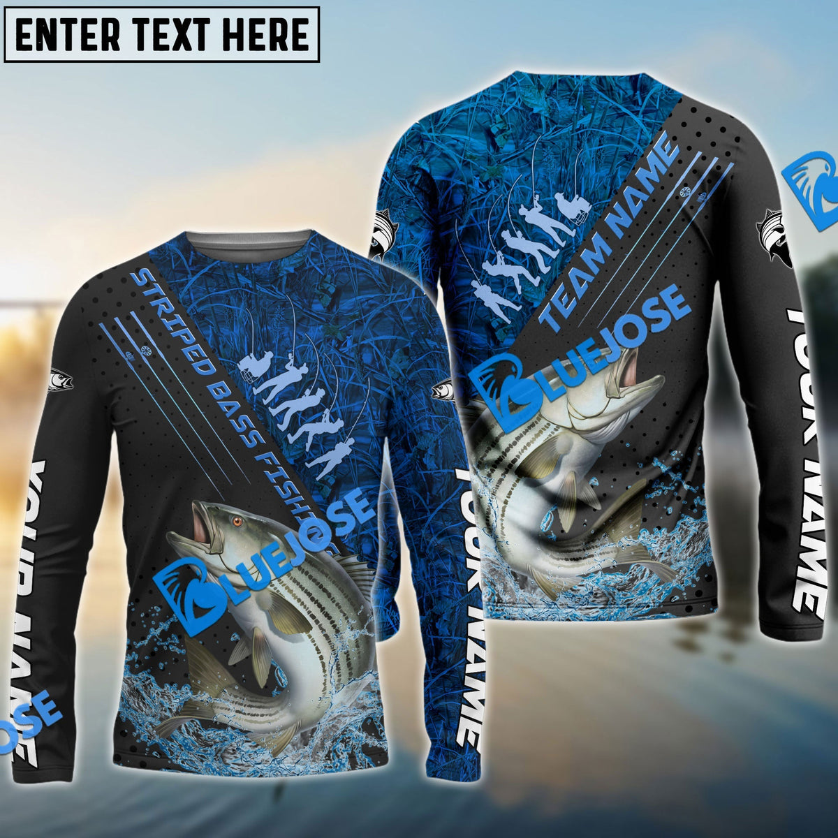 Bluejose Striped Bass Fishing Blue Camo Sport Rod Custom Name &amp; Team Name 3D Shirts