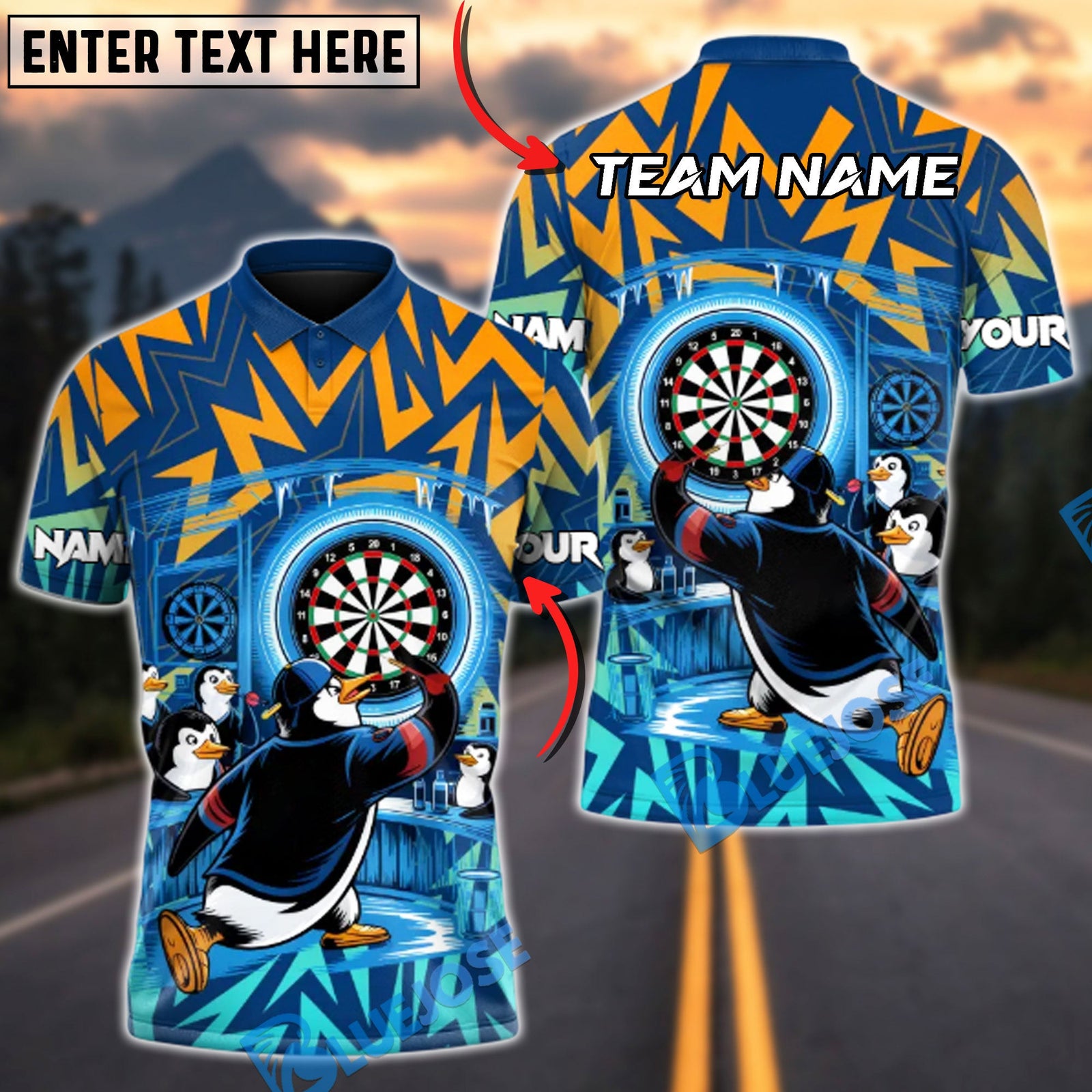 BlueJose Darts Penguin Bullseye Multicolor Options Personalized Name Shirt (4 Colors)