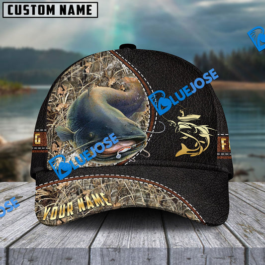 BlueJose Personalized Catfish Black Leather Camo Pattern Fishing Classic Cap