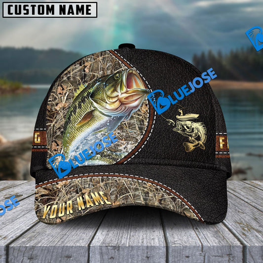 BlueJose Personalized Large Mouth Bass Black Leather Camo Pattern Fishing Classic Cap