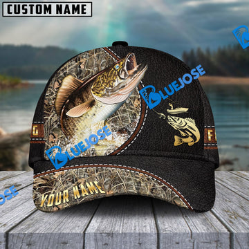 BlueJose Personalized Walleye Black Leather Camo Pattern Fishing Classic Cap