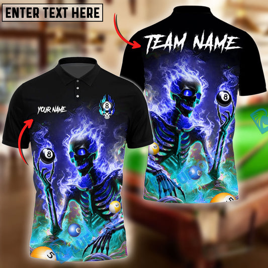 BlueJose Billiards Ball 8 Skeleton On Fire  Personalized Name Shirt (4 Colors)
