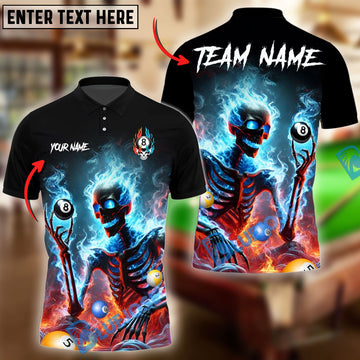 BlueJose Billiards Ball 8 Skeleton On Fire  Personalized Name Shirt (4 Colors)