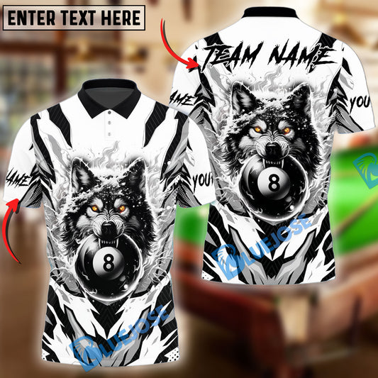 BlueJose Billiards Ball 8 Flame Wolf White Personalized Name, Team Name Unisex Shirt