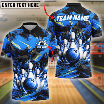 BlueJose Bowling And Pins Neon Flame Customized Name 3D Shirt (4 Colors)