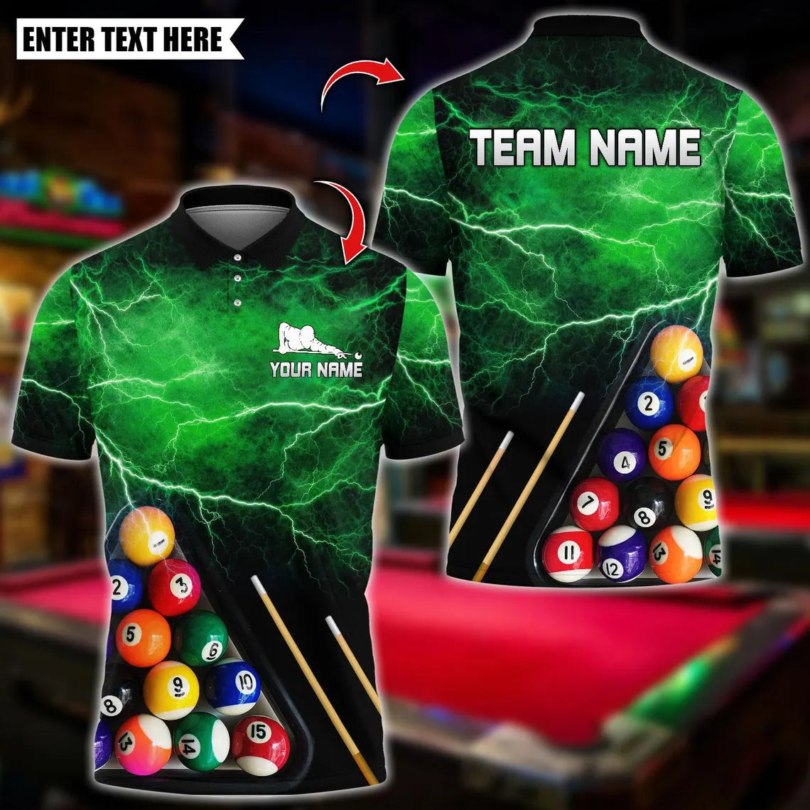 BlueJose Billiards Thunder Lightning 8 Ball Pool Design Personalized Name Shirt (4 Colors)