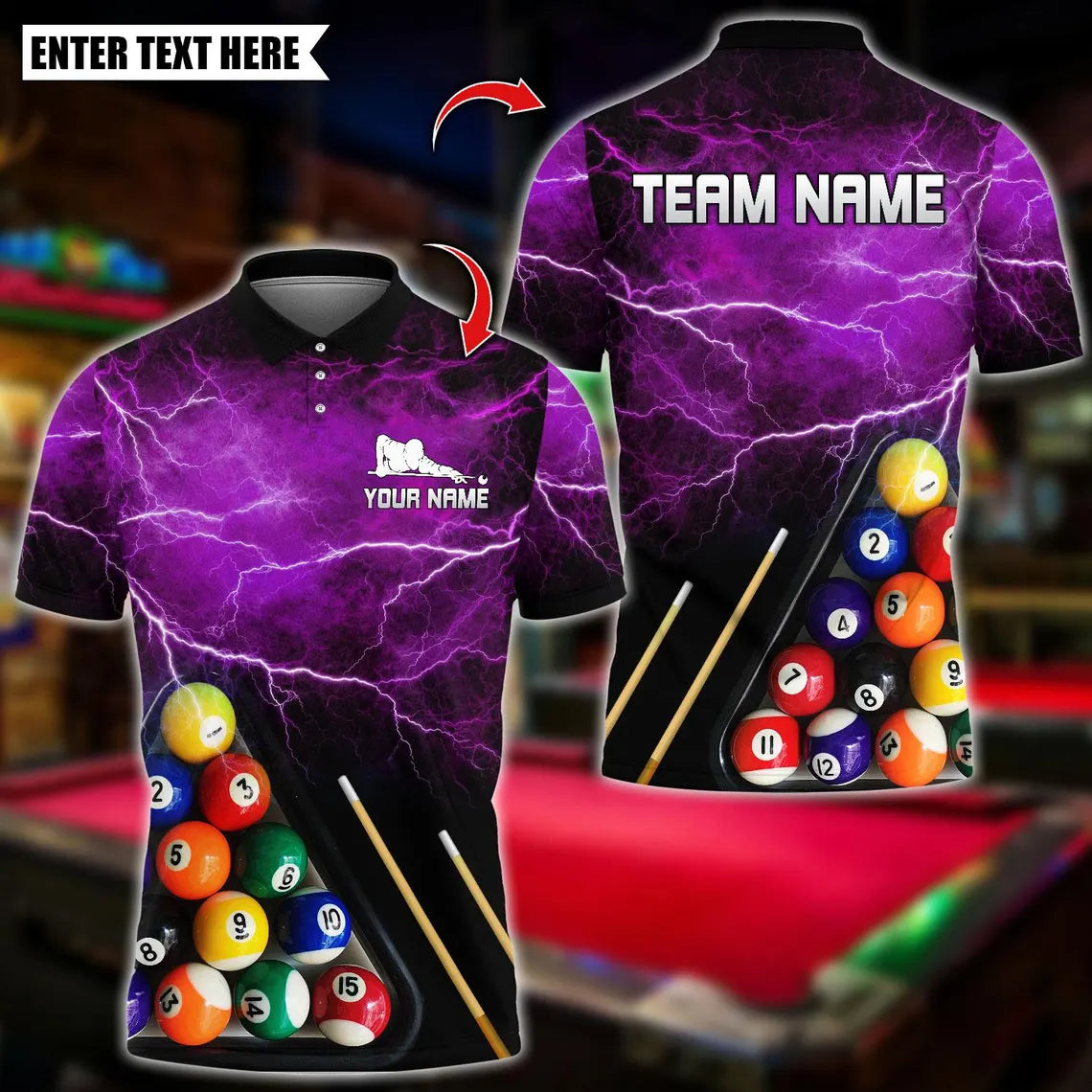 BlueJose Billiards Thunder Lightning 8 Ball Pool Design Personalized Name Shirt (4 Colors)