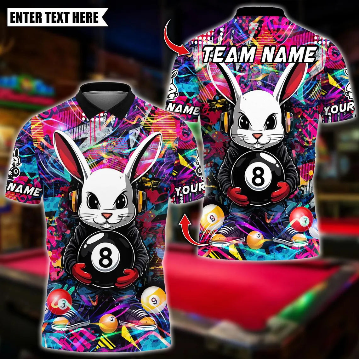 BlueJose Billiards Cool Bunny With 8 Ball Pool Design Personalized Name Shirt (4 Colors)